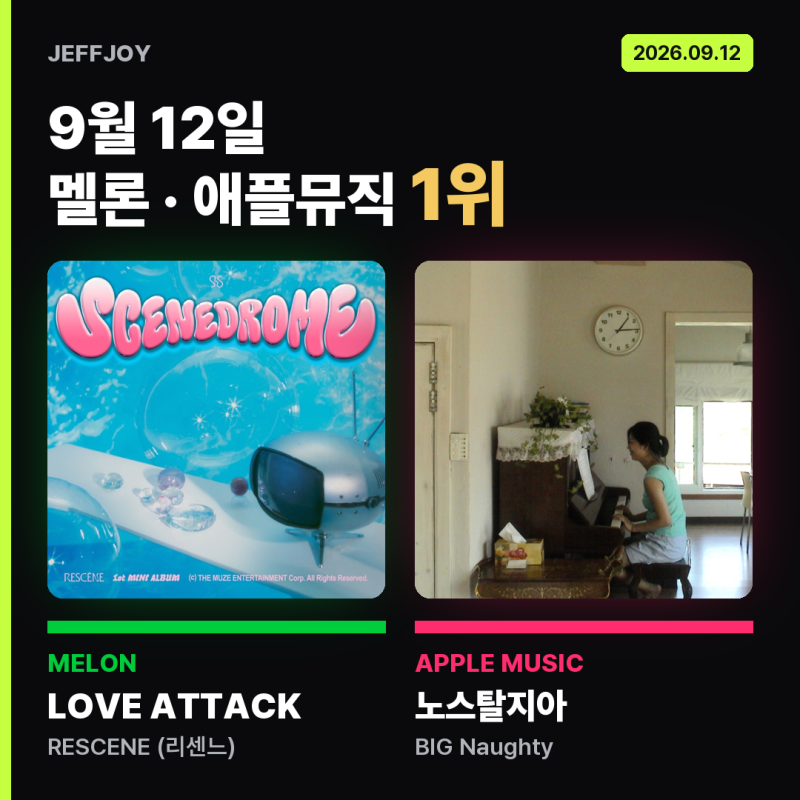멜론차트 순위·애플뮤직 차트｜9월 12일 음원순위 TOP10, 리센느·빅나티 1위