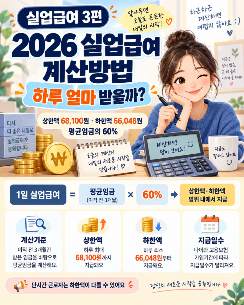 2026 실업급여 계산방법｜하루 얼마? 상한액 68,100원·하한액 66,048원
