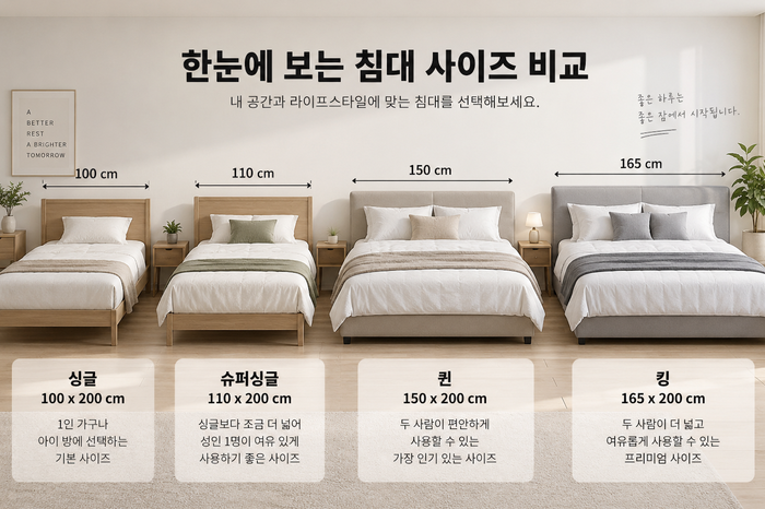 싱글 슈퍼싱글 사이즈 퀸 킹 침대 크기 비교 한눈에