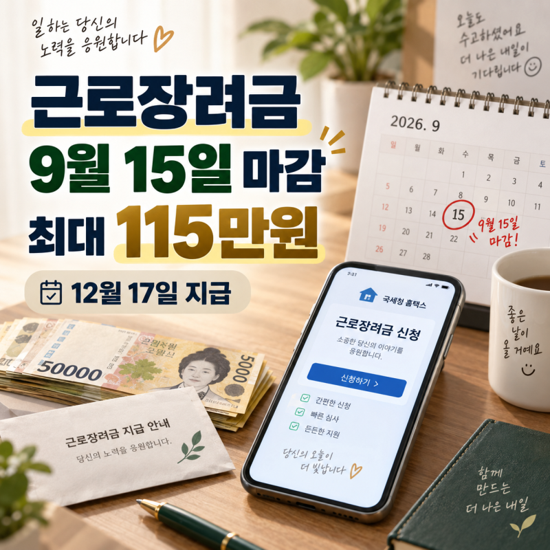 2026 근로장려금 신청 9월 15일 마감｜최대 115만원, 12월 17일 지급