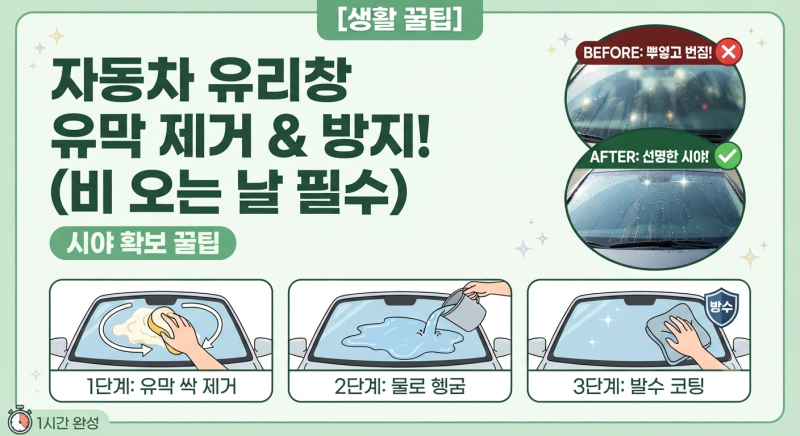 [살림 꿀팁] 비 오는 날 와이퍼를 켜도 앞이 뿌옇다면? 자동차 유리창 유막 제거 및 유막 형성....