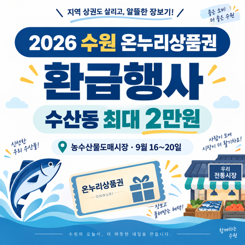 2026 수원 온누리상품권 환급행사, 농수산물도매시장 수산동·최대 2만원 받는 방법
