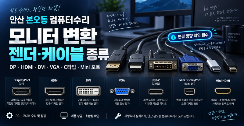 안산 본오동 컴퓨터수리｜모니터 변환 젠더·케이블 종류, DP·HDMI·DVI·VGA 연결법