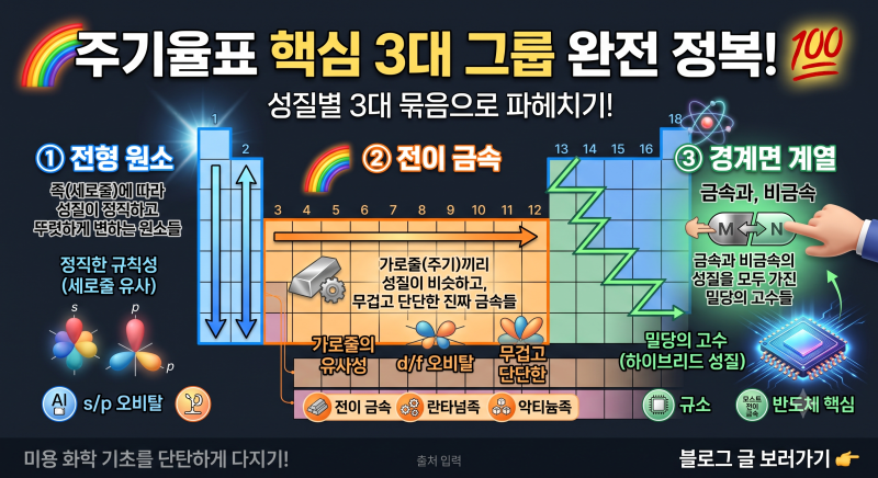 [미용 화학 기초 1탄] 주기율표 원소 분류 완벽 정리! 4대 물질과 핵심 그룹 이해하기