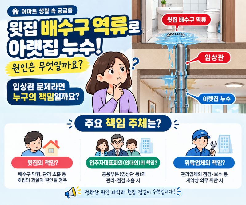 아파트 윗집 배수구 역류로 아랫집 누수 원인은 입상관! - 누구책임?(윗집, 입대의, 위탁업체 ....
