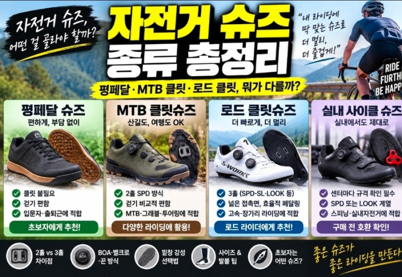 자전거 슈즈 종류 총정리｜평페달·MTB 클릿·로드 클릿, 뭐가 다를까?