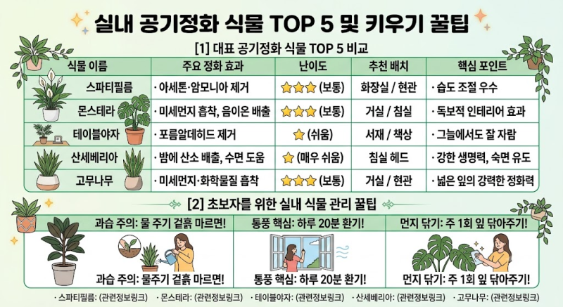 [실내 공기정화 식물 TOP 5] 미세먼지·유해물질 싹 잡아주는 감성 홈가드닝 가이드