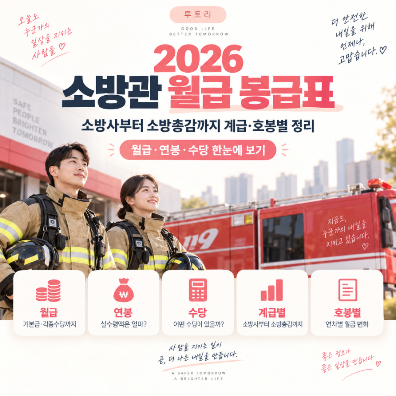 2026 소방관 월급 봉급표, 소방사부터 소방총감까지 계급과 호봉별로 연봉 얼마나 받을까?