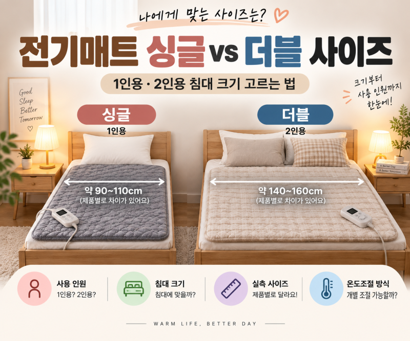 전기매트 싱글 더블 사이즈 차이, 1인용·2인용 침대 크기 고르는 법