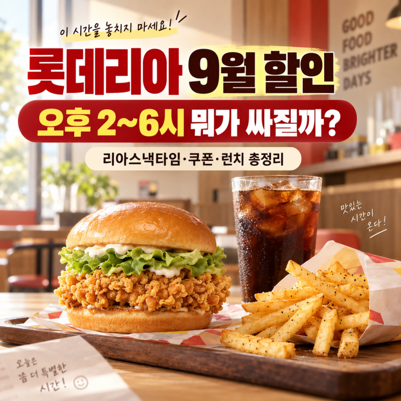 롯데리아 9월 할인 오후 2~6시 뭐가 싸질까? 리아스낵타임·쿠폰·런치 총정리