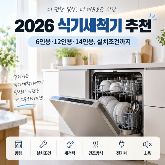 2026 식기세척기 추천｜6인용·12인용·14인용 차이와 설치조건