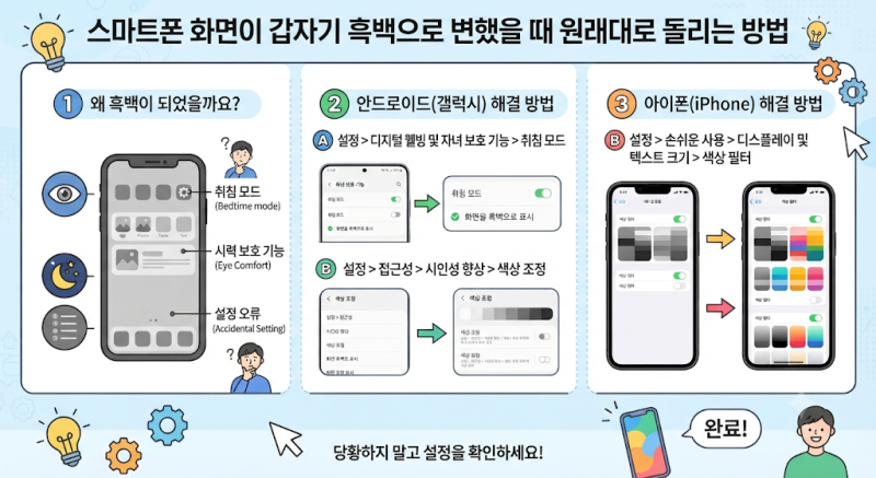 스마트폰 화면이 갑자기 흑백으로 변했을 때 원래대로 돌리는 방법