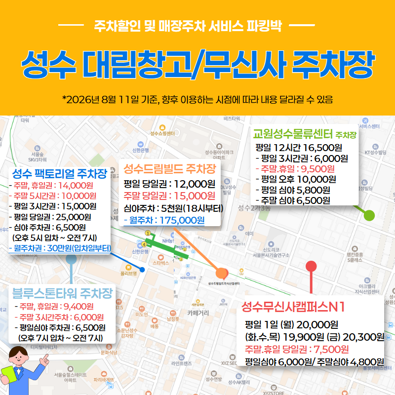 성수동 주차장, 무신사S1 평일 3시간권(5,900원/ 월주차 275,000원)/ 22,000원(베이스성수 월주차)/ ....
