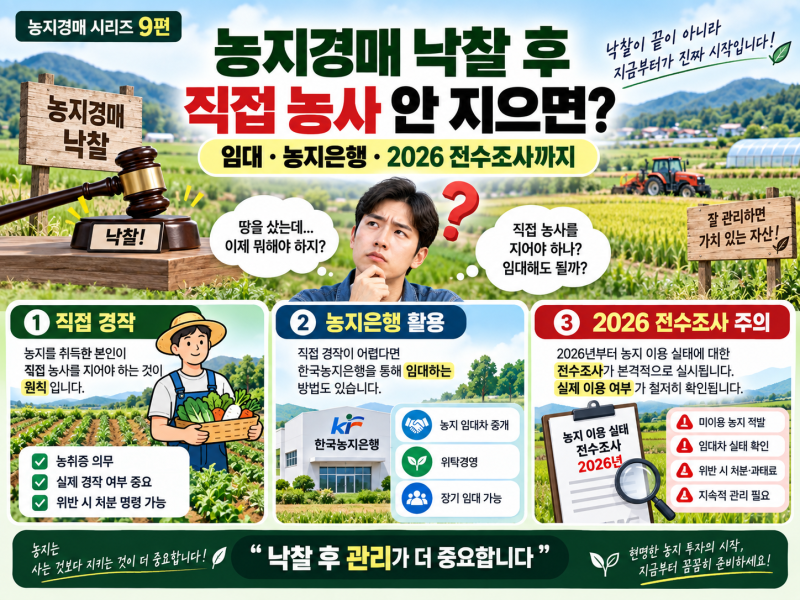 농지경매 낙찰 후 직접 농사 안 지으면? 임대·농지은행·2026 전수조사까지