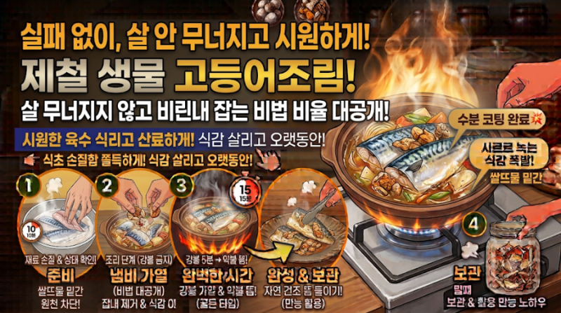 제철 생물 고등어조림 살 무너지지 않고 비린내 잡는 쌀뜨물 밑간 불 조절