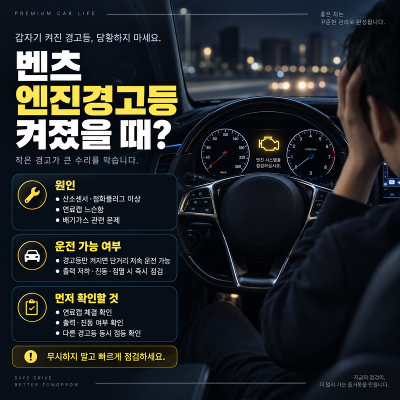 벤츠 엔진경고등 켜졌을 때? 원인과 먼저 확인할 것 정리