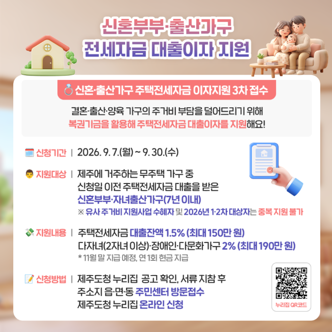 제주 신혼부부·출산가구 전세대출 이자지원｜최대 190만원, 9월 30일까지 3차 접수