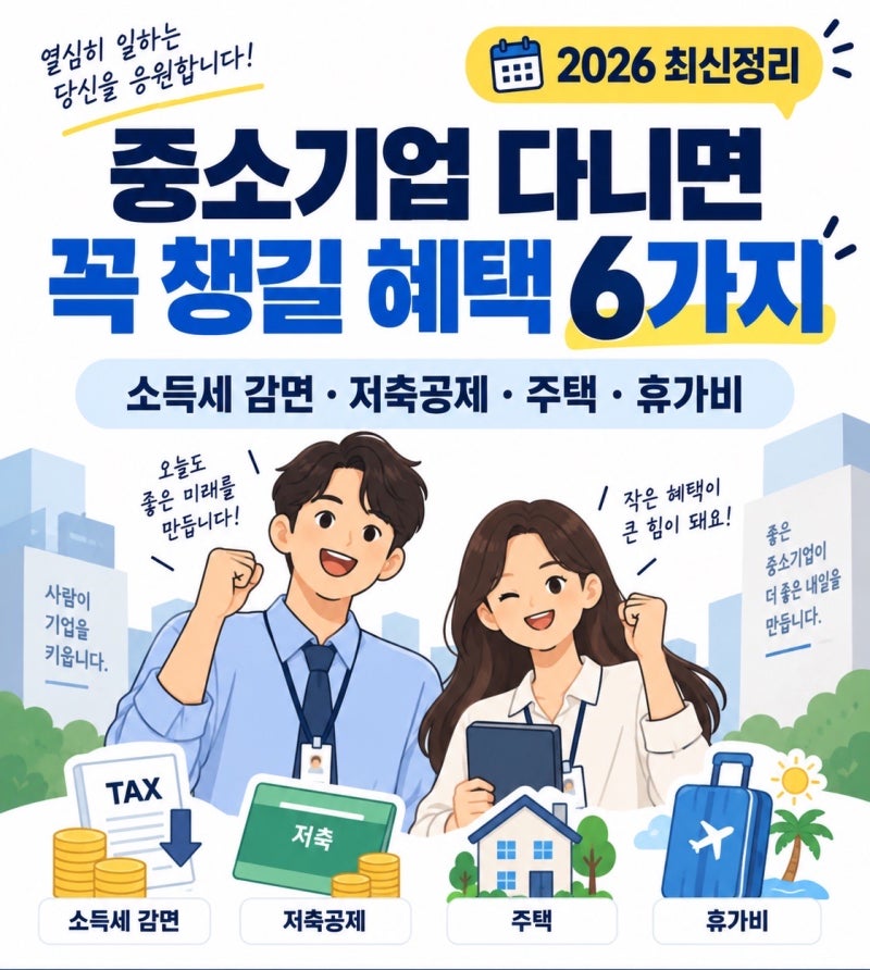 2026 중소기업 재직자 혜택 총정리｜소득세 90% 감면부터 저축·주택·휴가비까지