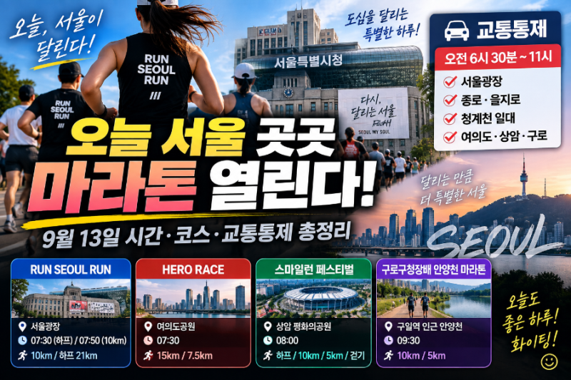 2026.9 오늘 서울 곳곳 마라톤 열린다…9월 13일 런서울런·히어로레이스 시간·코스·교통통제 ....