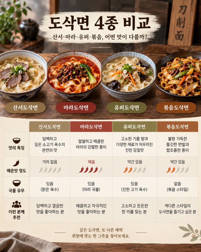 도삭면 종류 차이｜산서도삭면·마라도삭면·유퍼도삭면·볶음도삭면 맛 비교