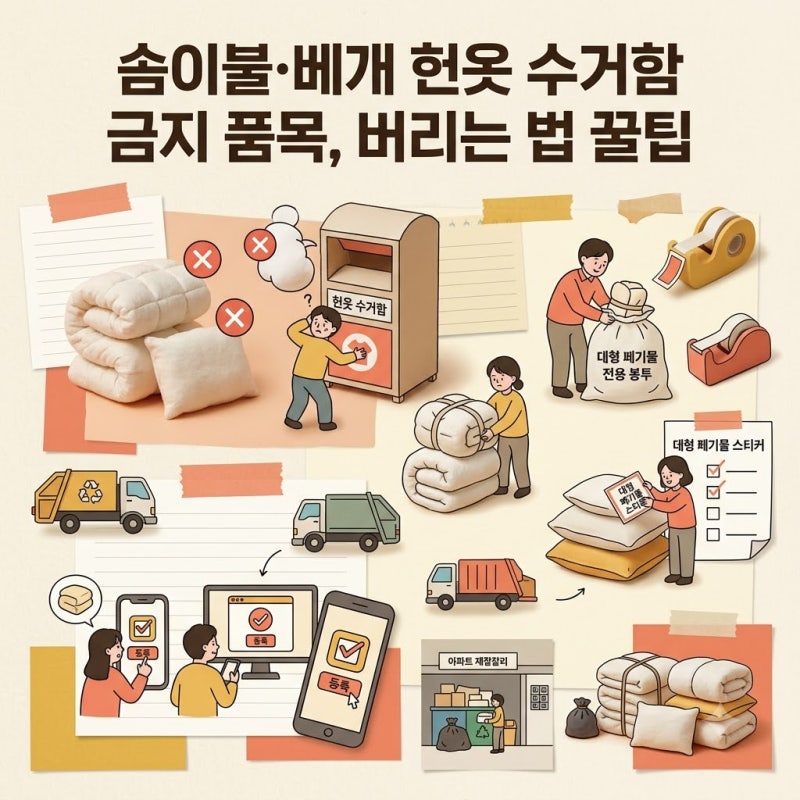 헌옷수거함 배출 불가능 품목 솜이불 베개 버리는 요령