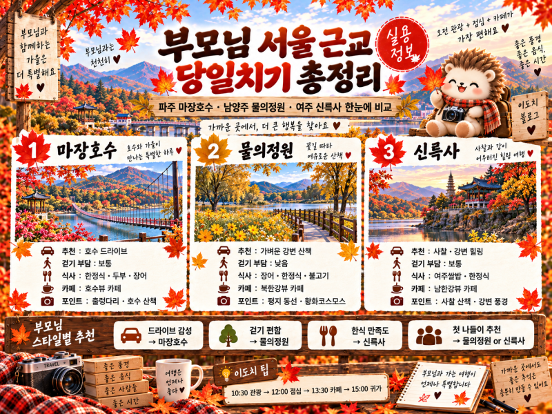 부모님과 서울 근교 당일치기 어디 갈까?｜드라이브·맛집·카페까지 효도여행 코스 3곳