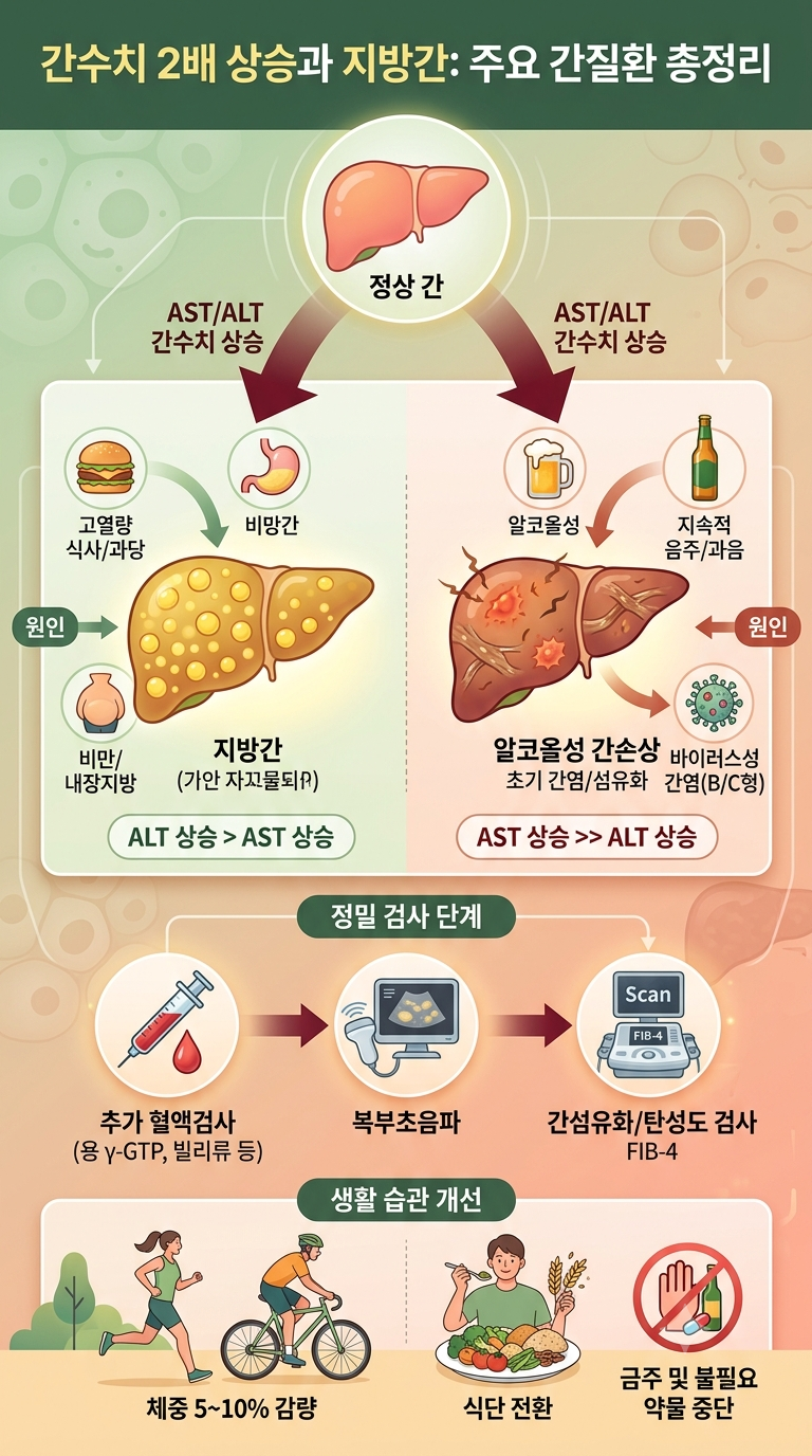 AST·ALT 간수치 2배 높으면 지방간일까? 간수치 80·100·120 의미와 확인검사