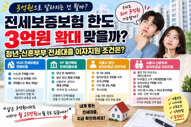 전세보증보험 한도 3억원 확대 맞을까? 청년 신혼부부 전세대출 이자지원 조건은?
