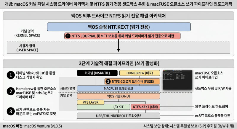 맥북 윈도우 외장하드 읽기 전용 해결법: NTFS 저널링 구조와 무료 macFUSE 쓰기 권한 3단계