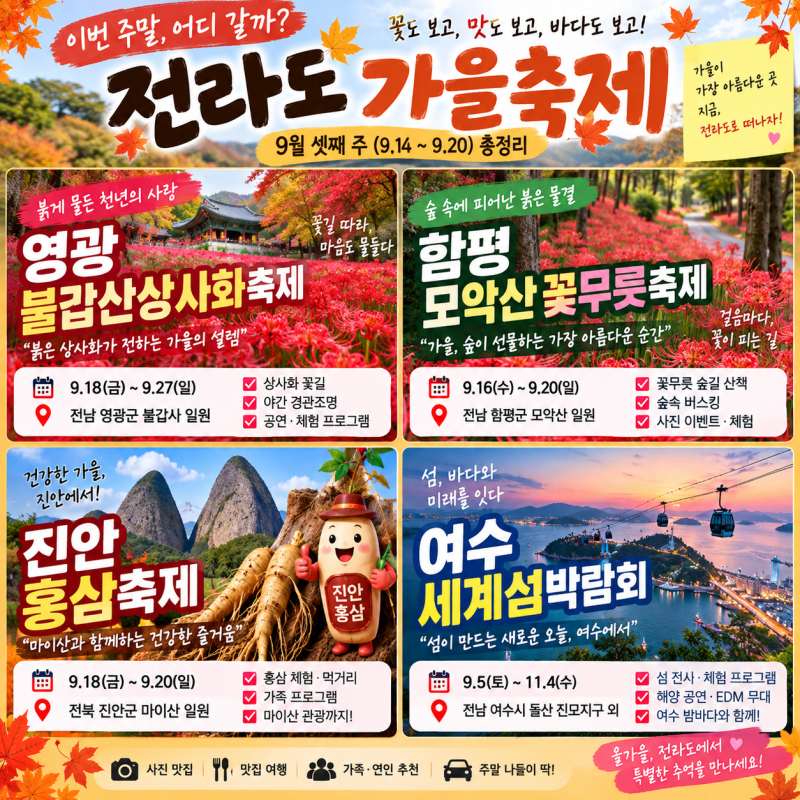 2026년 9월 셋째 주 전라도 축제 총정리｜진안홍삼·영광상사화·함평꽃무릇·여수까지 가을여....