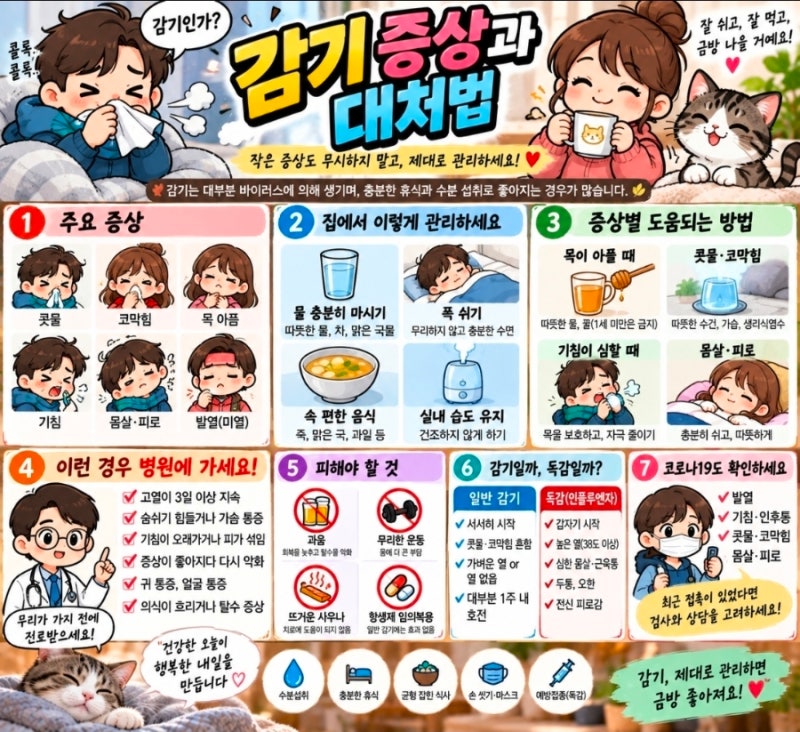 감기 증상과 대처법｜목 아픔·콧물·기침·몸살, 이럴 땐 병원 가세요