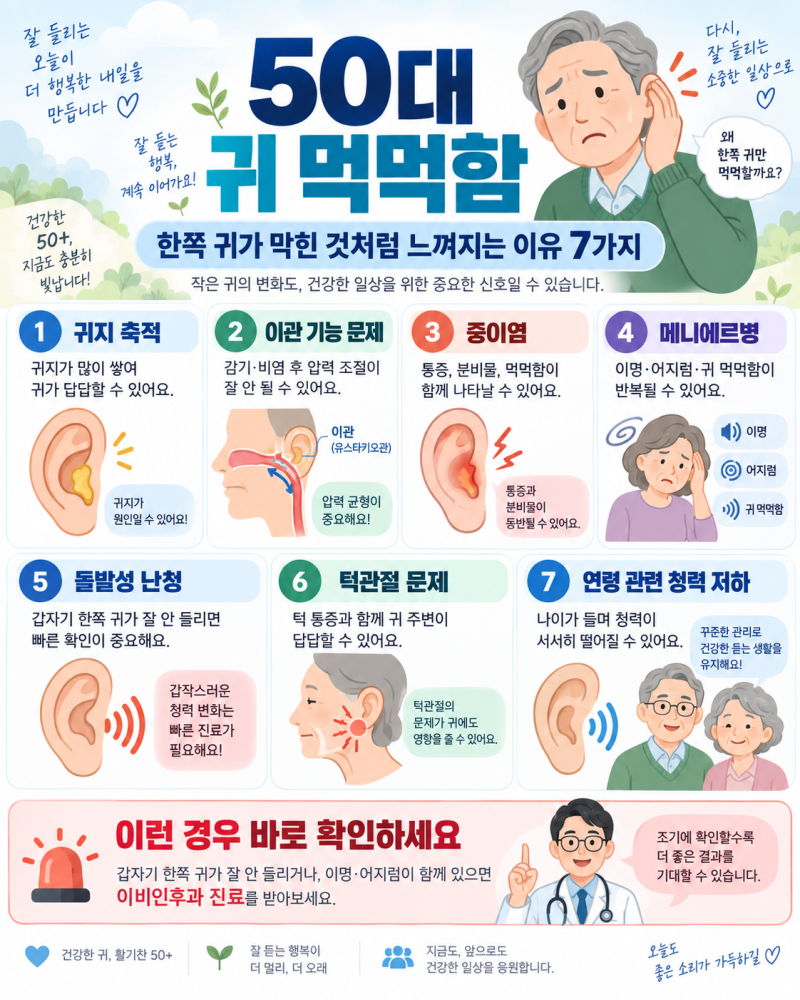 50대 귀 먹먹함, 한쪽 귀가 막힌 것처럼 느껴지는 이유 7가지