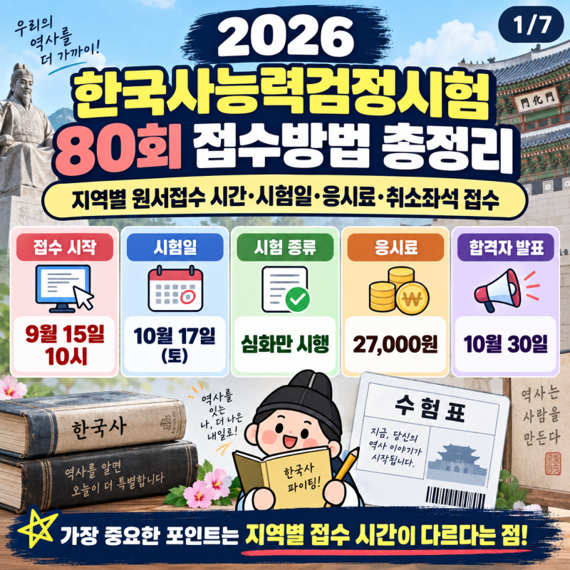2026 한국사능력검정시험 80회 접수방법 총정리｜지역별 원서접수 시간·시험일·응시료·취소....