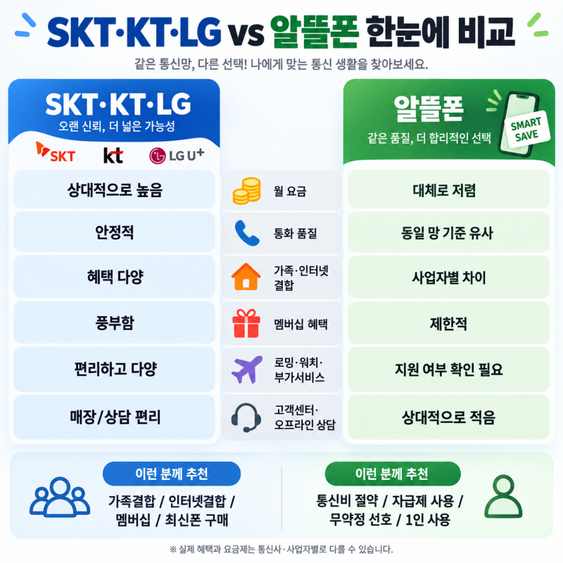 SKT KT LG vs 알뜰폰 뭐가 더 이득? 요금·통화품질·결합혜택 완벽 비교