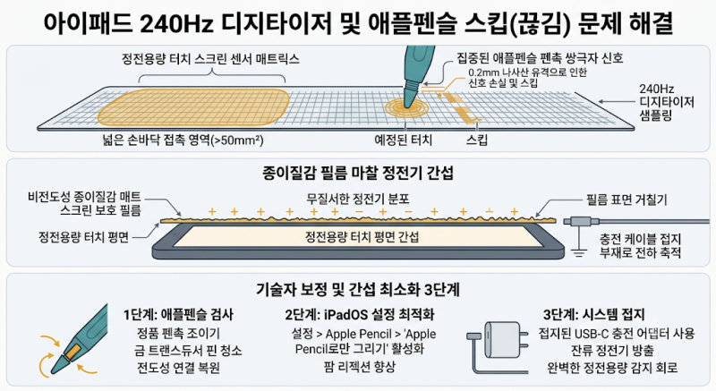 아이패드 애플펜슬 필기 끊김 팜리젝션 오류 해결법: 펜촉 트랜스듀서 유격과 정전기 노이즈....