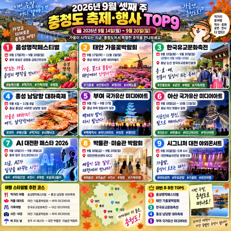 이번 주말 충청도 어디 갈까? 2026년 9월 충청권 축제 TOP9｜음성·태안·홍성·논산·부여까지!