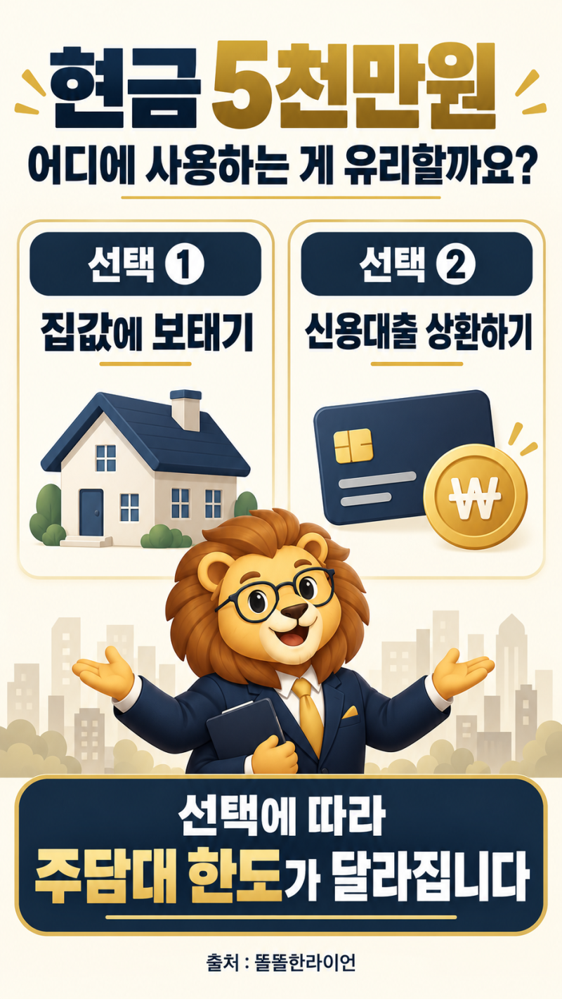 신용대출 5천만원 갚으면 주담대 한도 얼마나 늘어날까? 연봉 6천만원 직접 계산