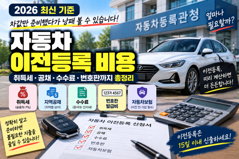2026 자동차 이전등록 비용 계산 | 중고차 취득세·공채·수수료·번호판 총정리