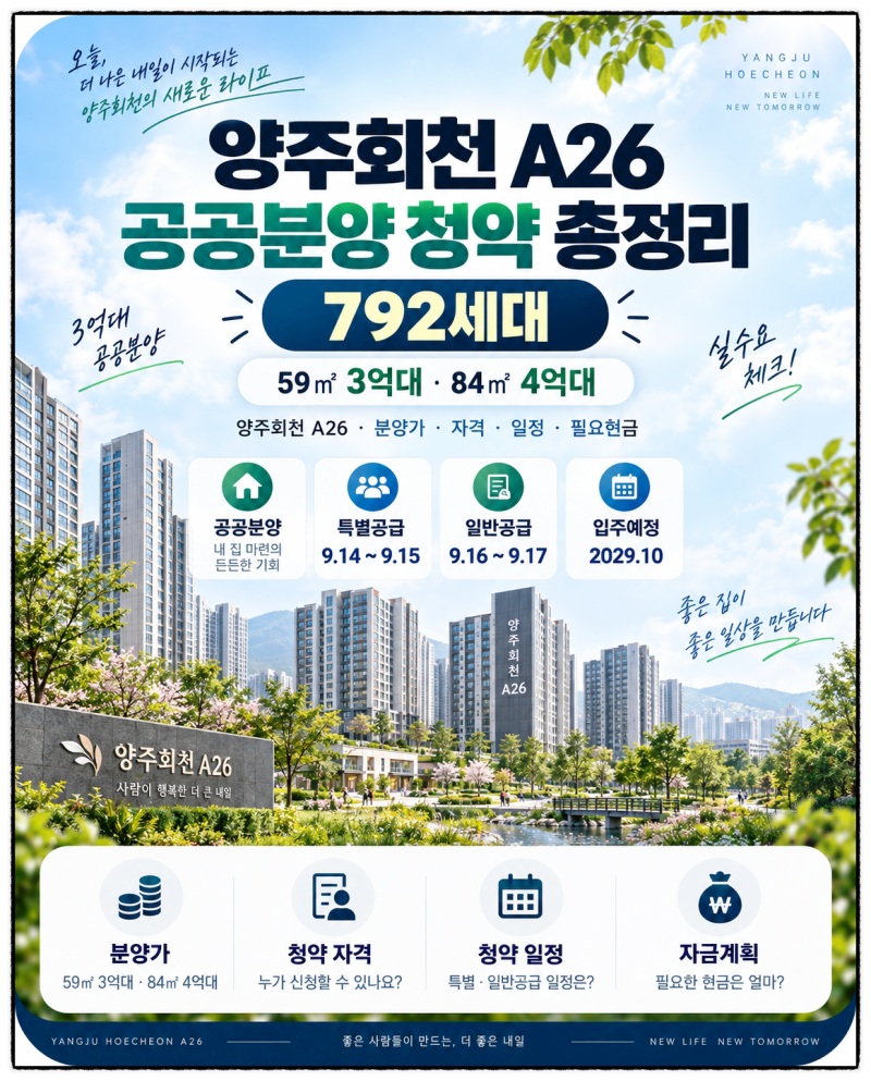양주회천 A26 공공분양 청약 총정리｜792세대·59㎡ 3억대, 84㎡ 4억대 넣어볼까?