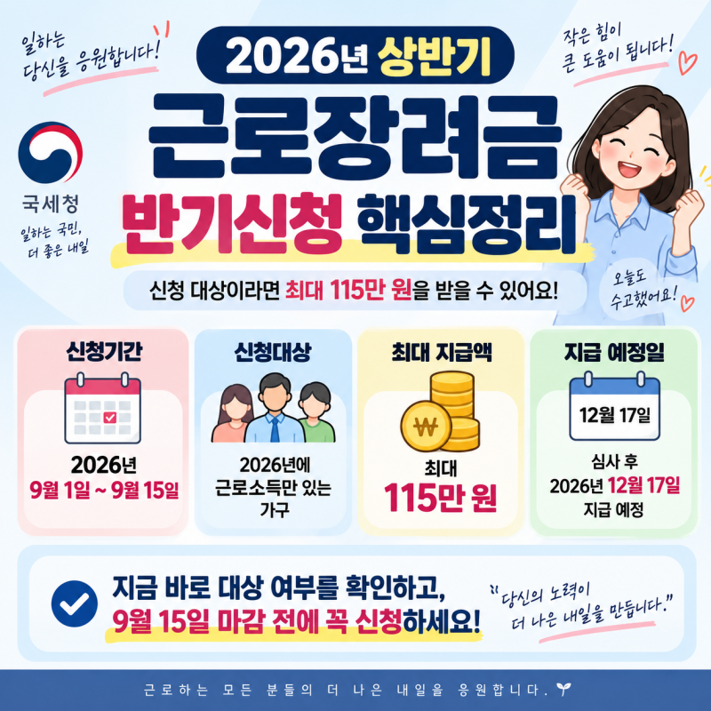 2026 근로장려금 반기신청 방법 총정리! 9월 15일 마감 전 대상자 확인