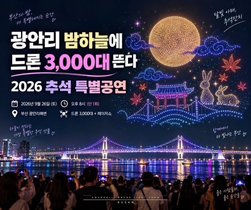 광안리 밤하늘에 드론 3,000대 뜬다｜2026 추석 드론쇼 날짜·시간·명당 총정리