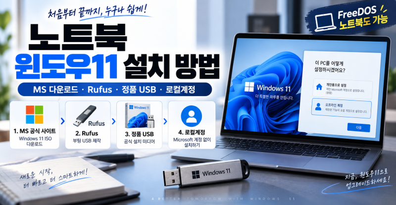 노트북 윈도우11 설치 방법｜USB 만들기부터 Rufus·정품 USB·로컬 계정까지
