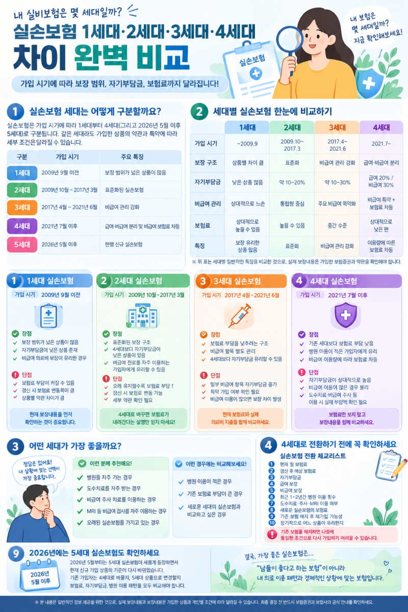 실손보험 1세대·2세대·3세대·4세대 차이 완벽 비교｜내 실비보험은 몇 세대일까?
