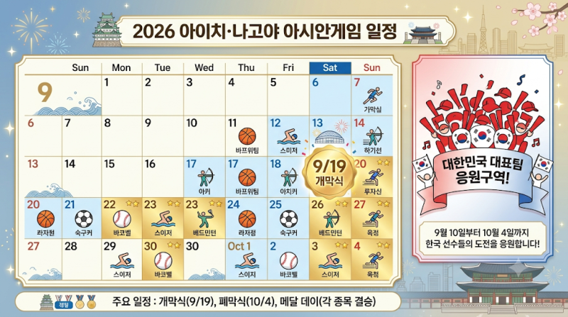 2026 아시안게임 일정 총정리 개막식은 9월 19일, 한국 경기들은 벌써 시작됐다