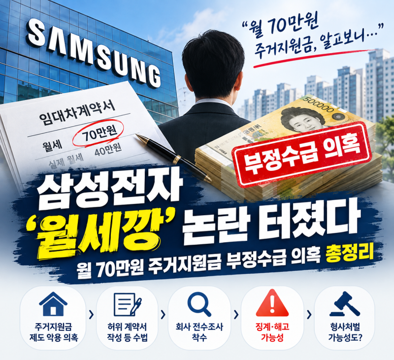 삼성전자 ‘월세깡’ 논란 터졌다…월 70만원 주거지원금 부정수급, 해고까지?