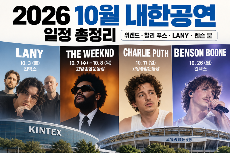 2026 10월 내한공연 일정 총정리, 위켄드·찰리푸스·포스트말론·LANY·벤슨분