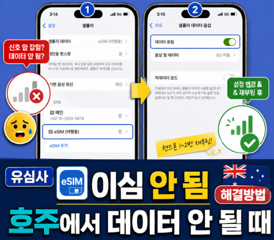 유심사 이심 안 됨 해결방법 호주에서 데이터 안 될 때