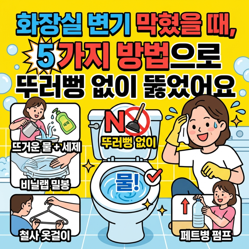 화장실 변기 막혔을 때, 5가지 방법으로 뚜러뻥 없이 뚫었어요