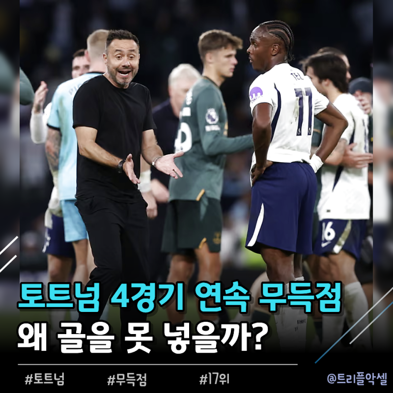 "적당히 못해야지.." 토트넘 구단 최초 4경기 연속 무득점, 마티스 텔은 정신교육 받아야합니....