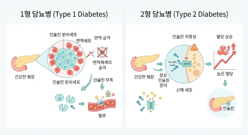1형 당뇨 vs 2형 당뇨 차이｜증상부터 검사·치료·생활습관까지 한눈에